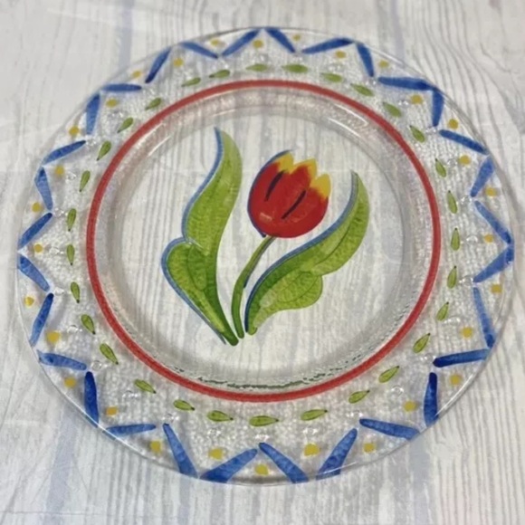 HAND PAINTED TULIP FLOWER ART GLASS Large PLATE Serving Platter Scandinavian - Picture 4 of 9